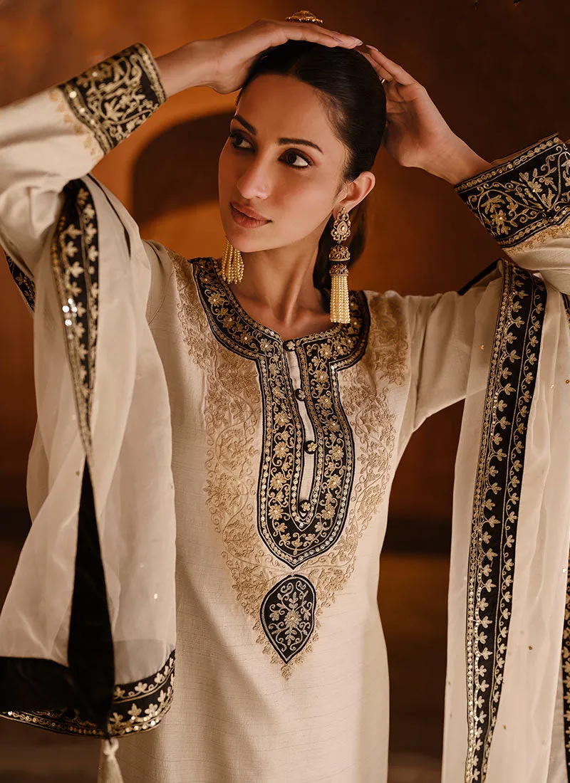 Cream White Thread And Sequence Embroidery Salwar Kameez Suit