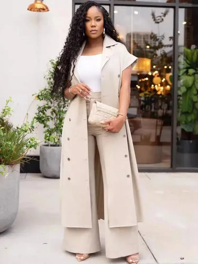 Cuffed Sleeve X-Long Pleated Shirt & Wide Leg Pant Set