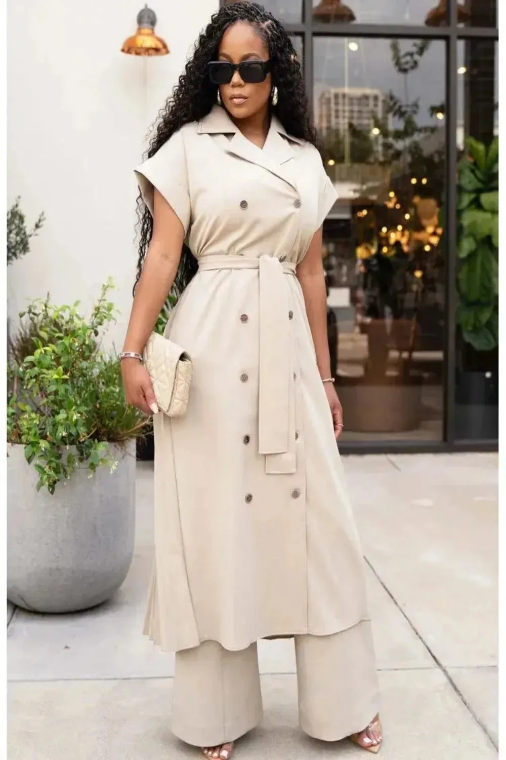 Cuffed Sleeve X-Long Pleated Shirt & Wide Leg Pant Set
