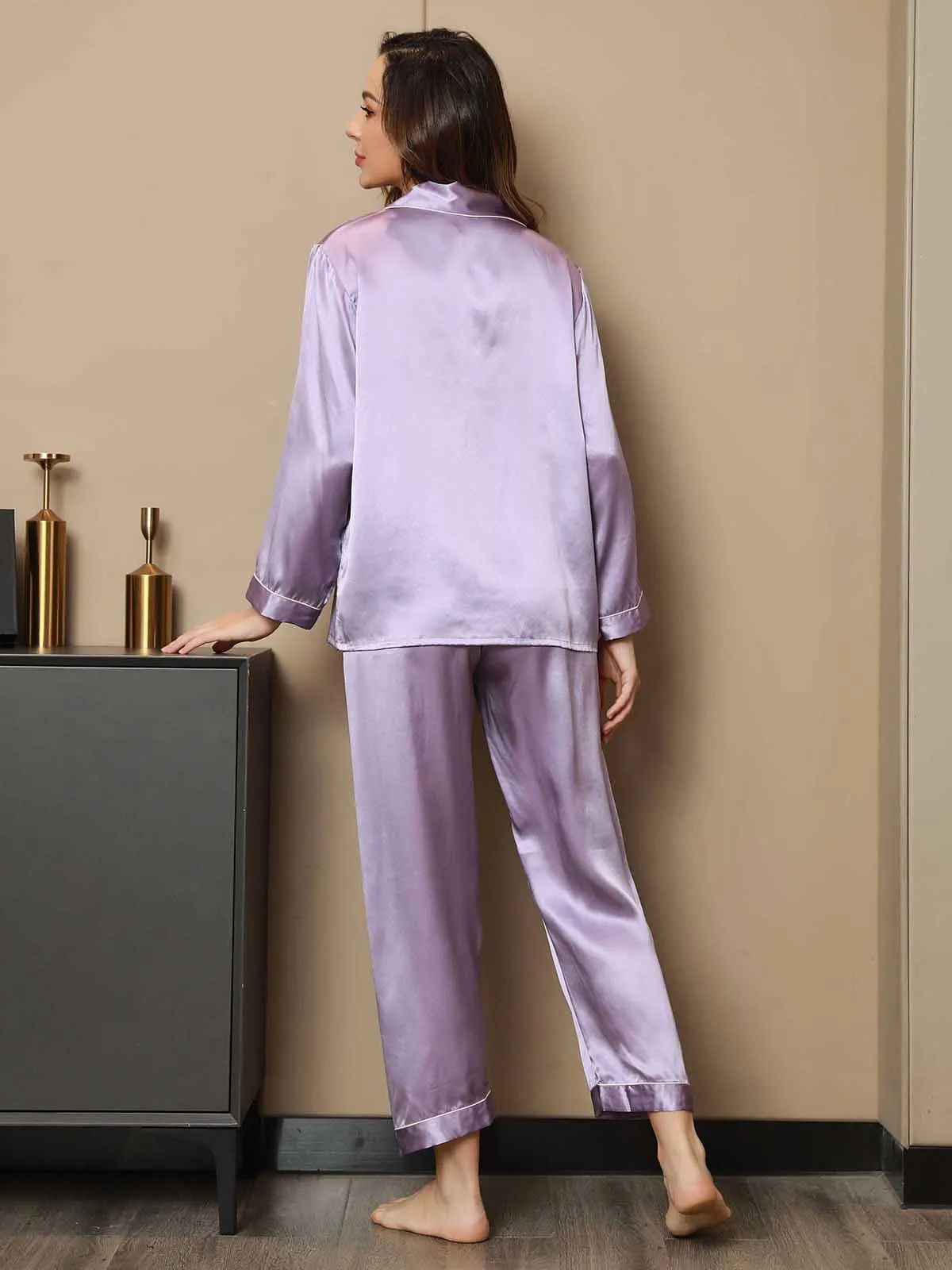Dames Natuurlijke Zijde Lange Mouwen Pyjama Set