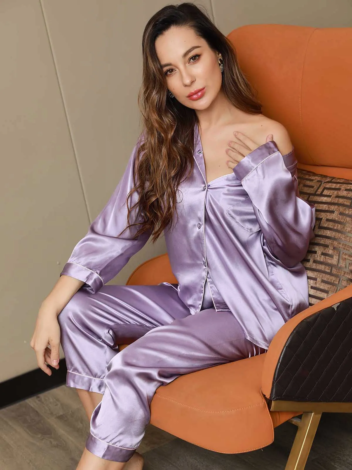 Dames Natuurlijke Zijde Lange Mouwen Pyjama Set