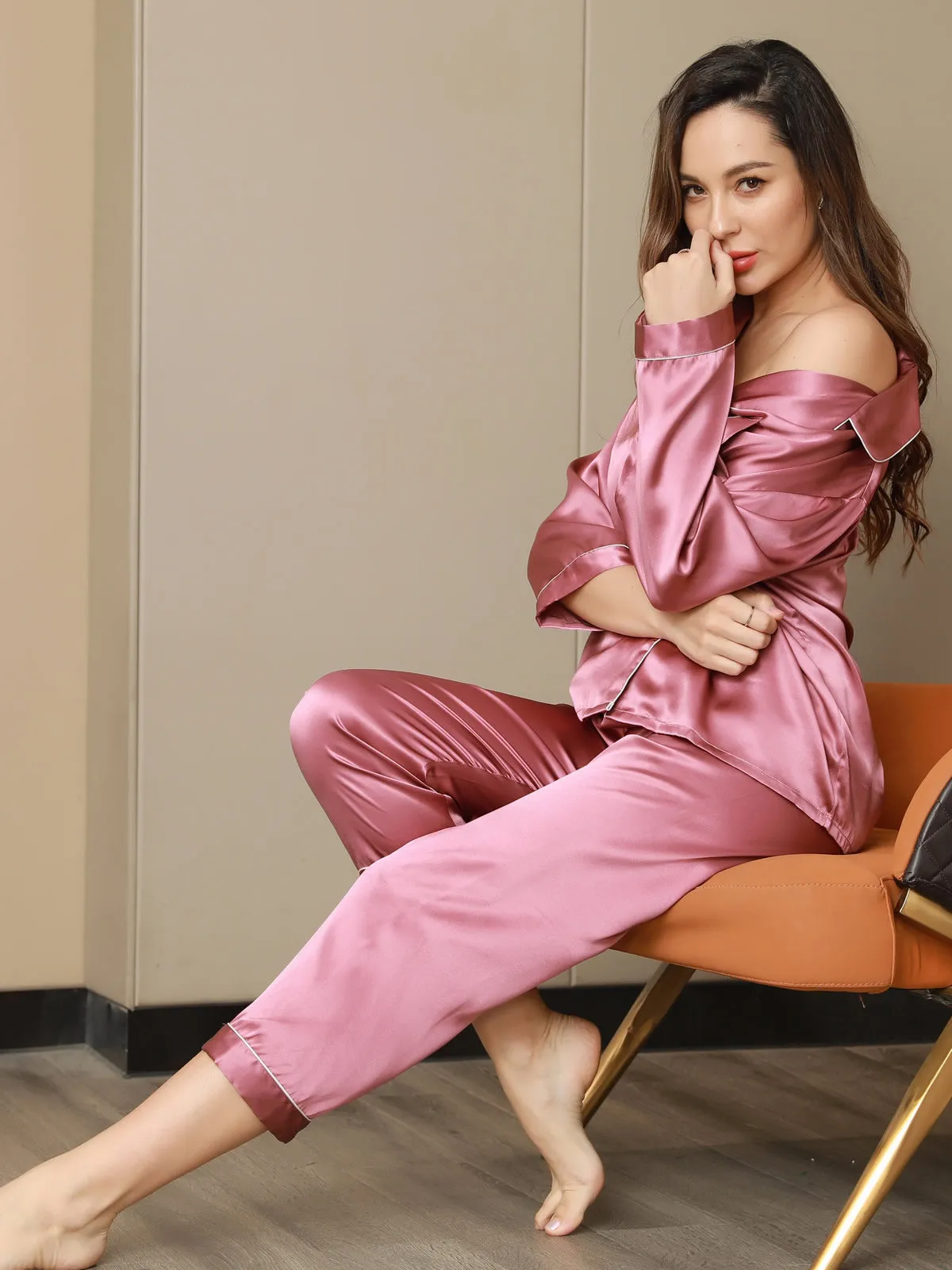 Dames Natuurlijke Zijde Lange Mouwen Pyjama Set