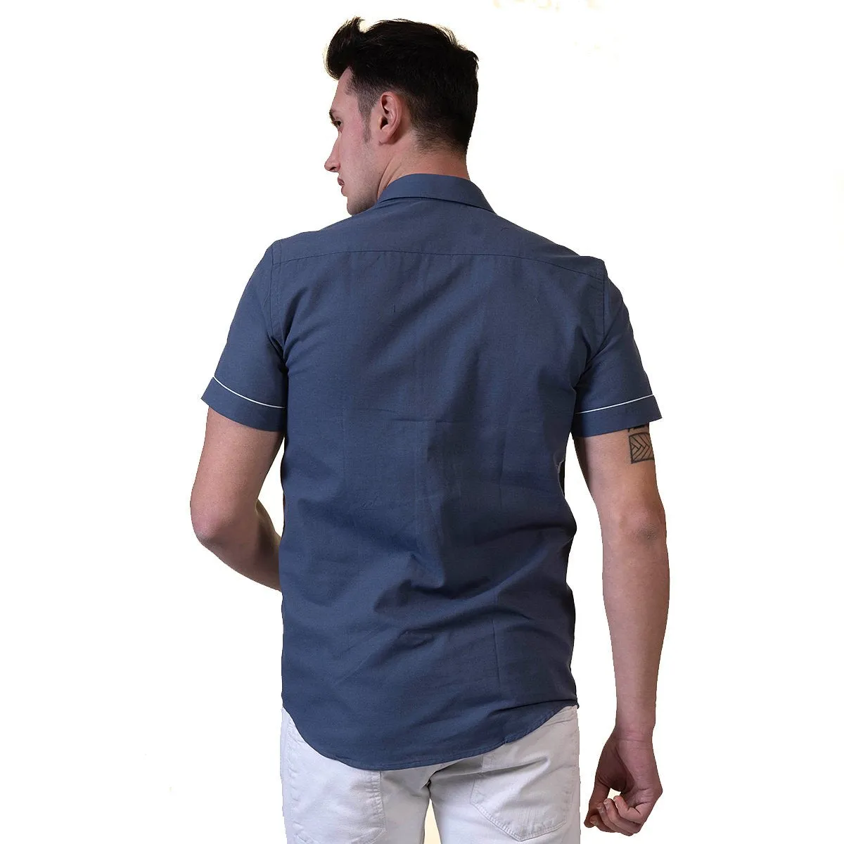 Dark Blue Mens Short Sleeve Button up Shirts - Tailored Slim Fit