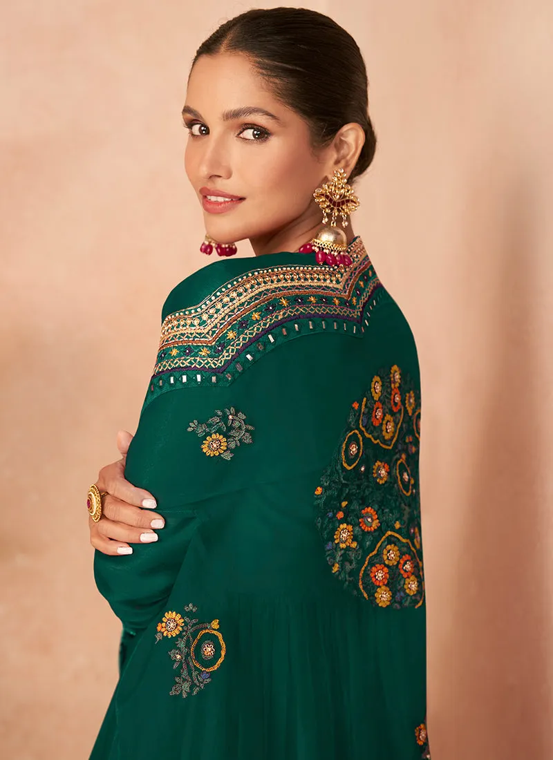 Dark Green Multi Embroidery Traditional Gharara Style Suit