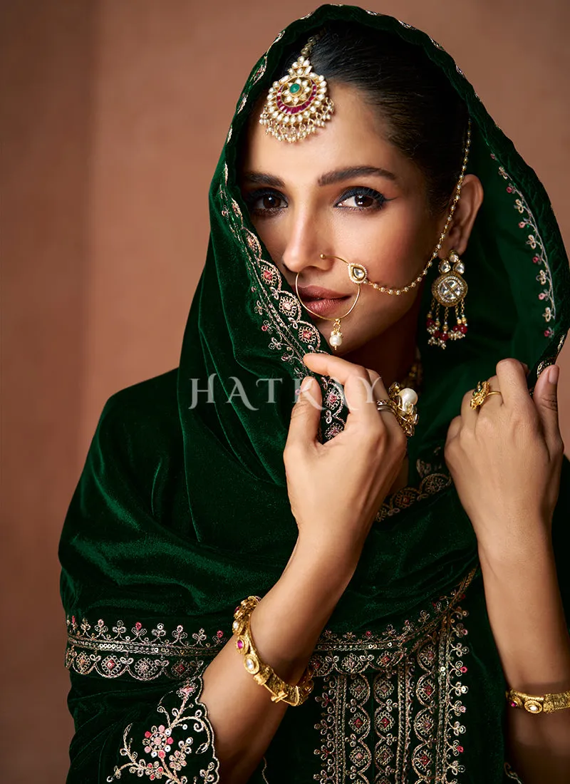 Dark Green Slit Style Velvet Anarkali Lehenga