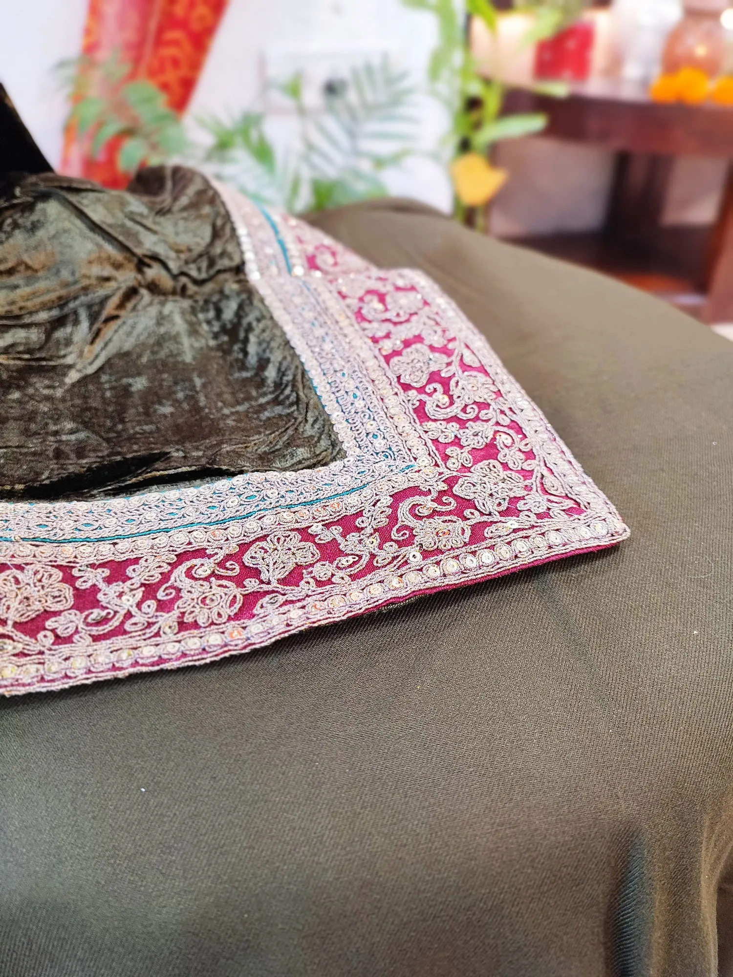 Dark Olive Velvet Suit Set with Exquisite Zari Handwork on Neck and Borders