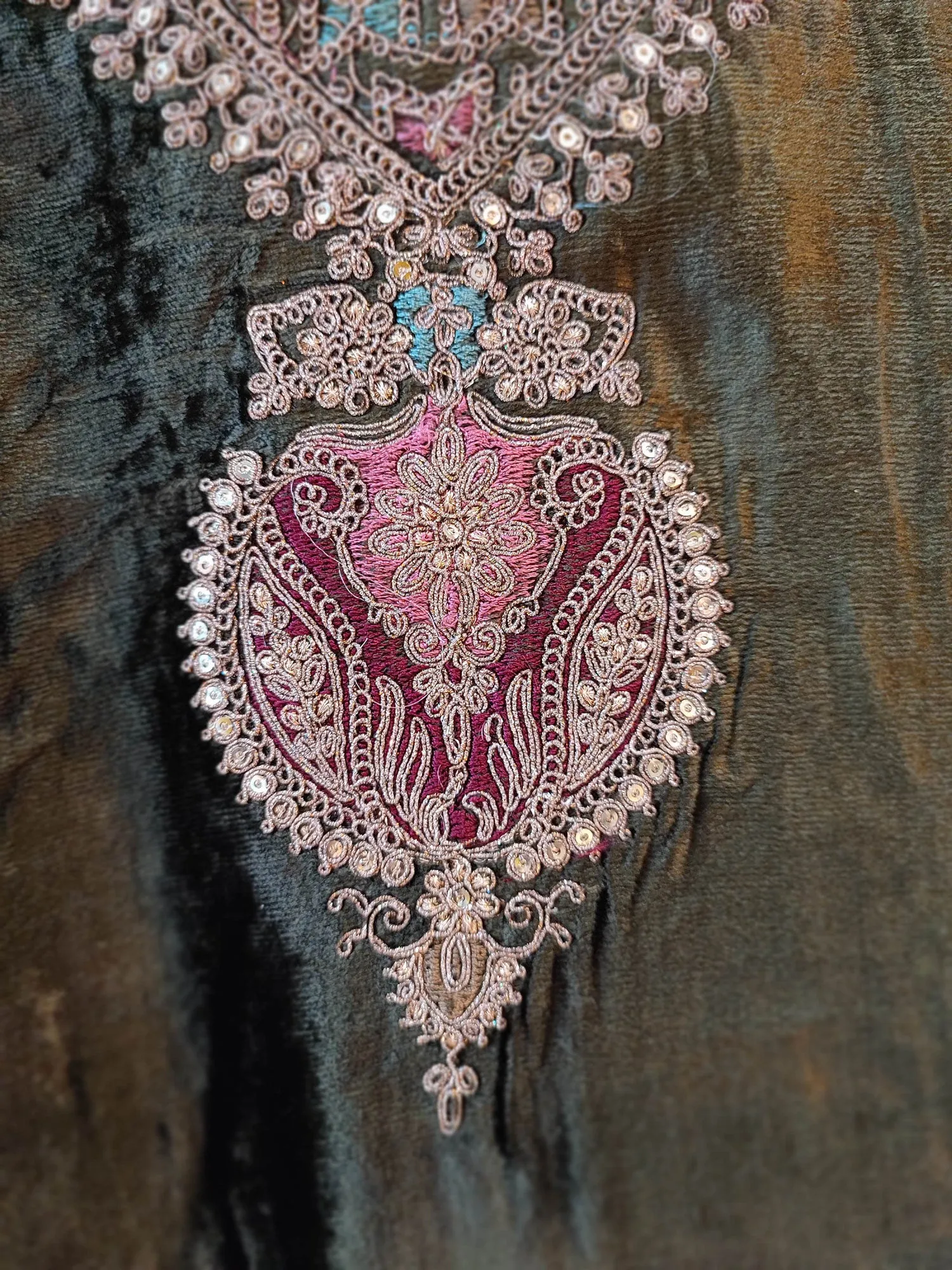 Dark Olive Velvet Suit Set with Exquisite Zari Handwork on Neck and Borders