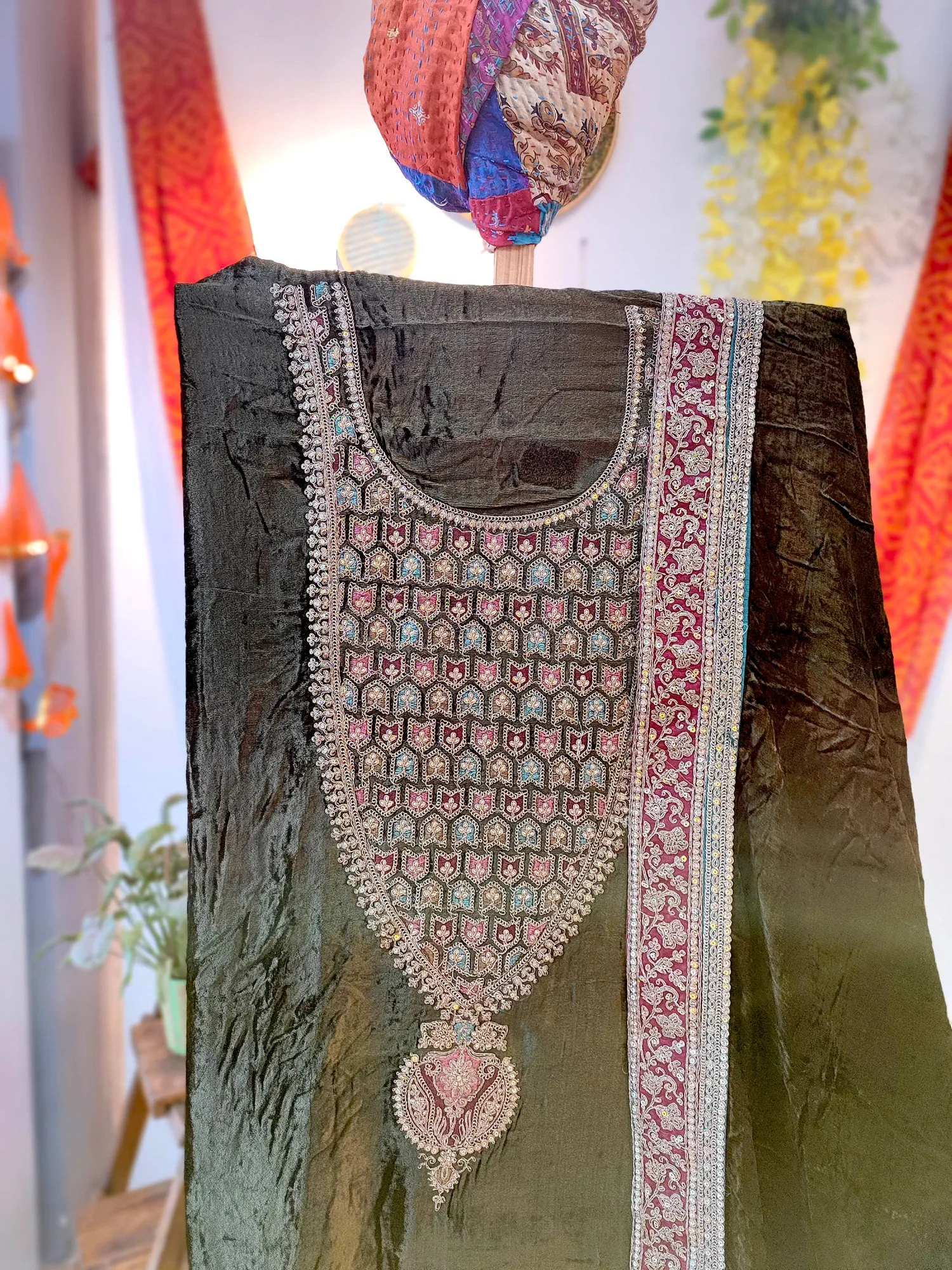 Dark Olive Velvet Suit Set with Exquisite Zari Handwork on Neck and Borders