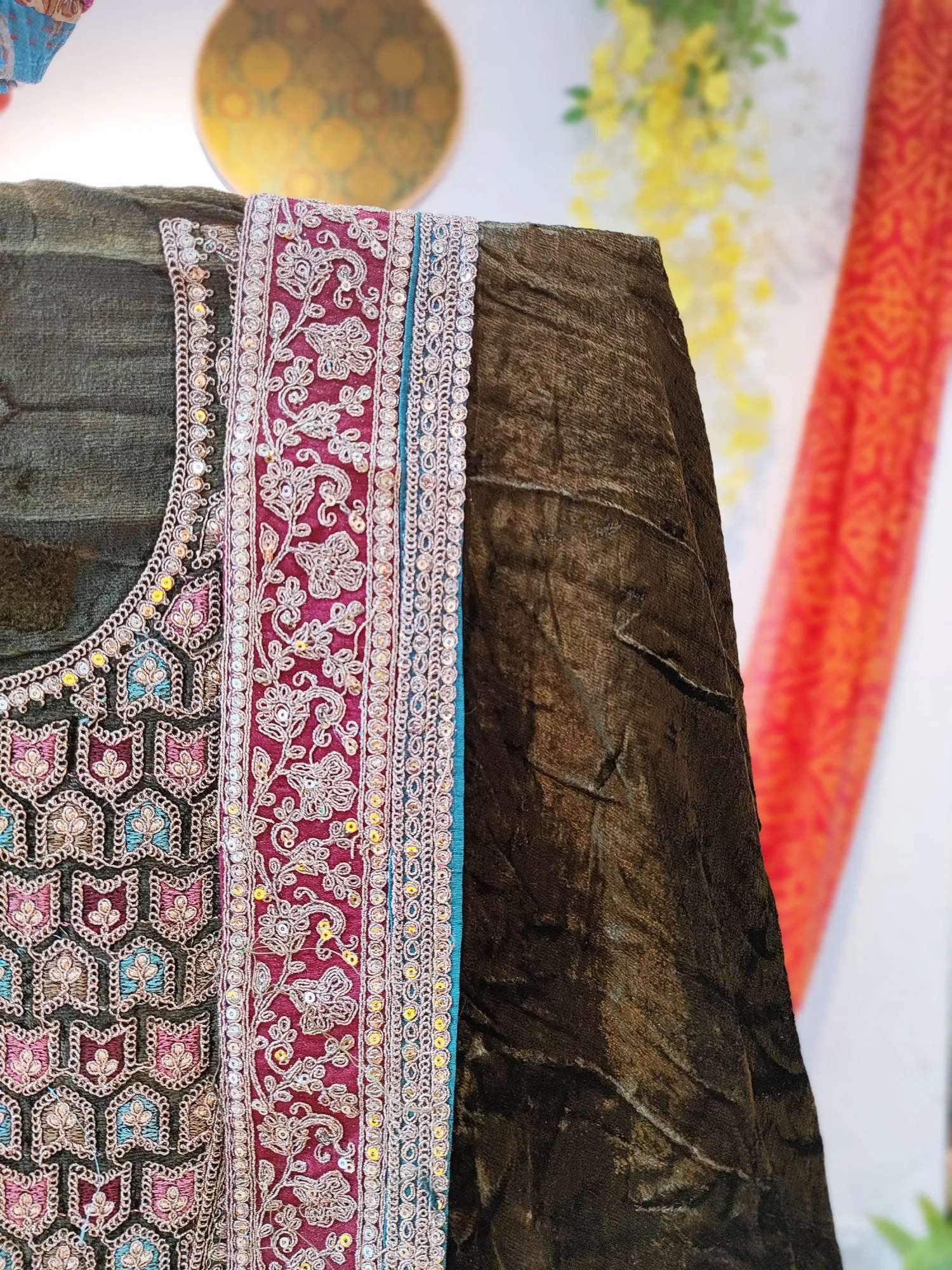 Dark Olive Velvet Suit Set with Exquisite Zari Handwork on Neck and Borders