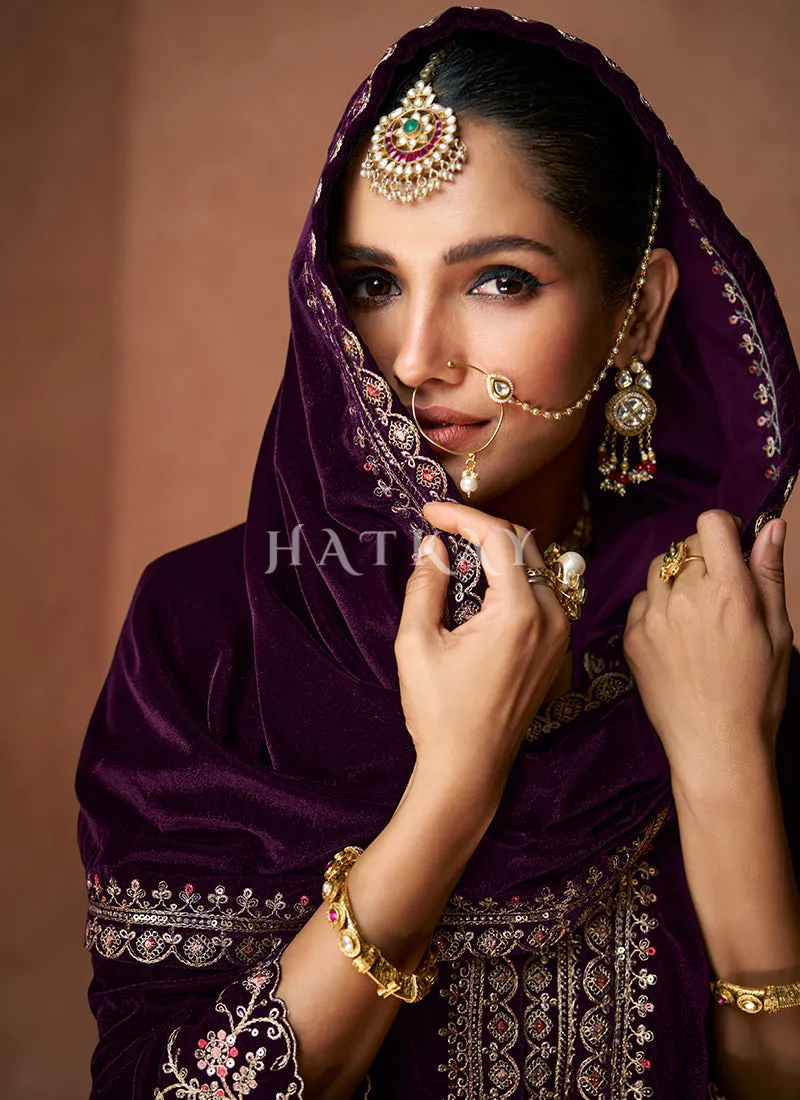 Deep Wine Slit Style Velvet Anarkali Lehenga