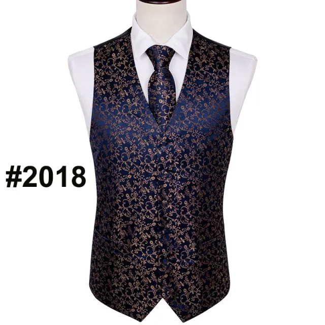 Designer Mens Classic Black Paisley Jacquard Silk Waistcoat Vests Handkerchief Tie Vest Suit Pocket Square Set
