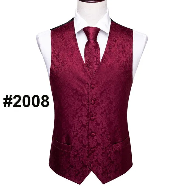 Designer Mens Classic Black Paisley Jacquard Silk Waistcoat Vests Handkerchief Tie Vest Suit Pocket Square Set