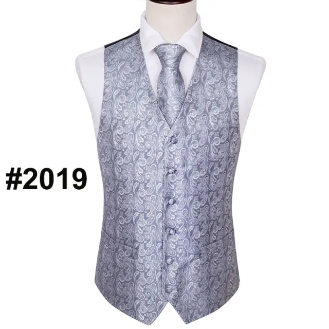 Designer Mens Classic Black Paisley Jacquard Silk Waistcoat Vests Handkerchief Tie Vest Suit Pocket Square Set