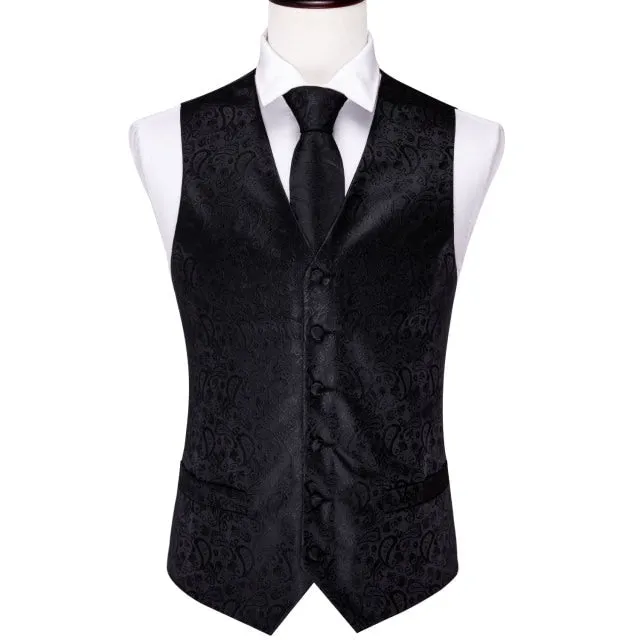 Designer Mens Classic Black Paisley Jacquard Silk Waistcoat Vests Handkerchief Tie Vest Suit Pocket Square Set