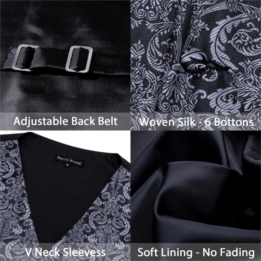 Designer Mens Classic Black Paisley Jacquard Silk Waistcoat Vests Handkerchief Tie Vest Suit Pocket Square Set