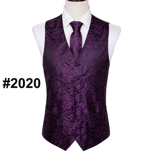 Designer Mens Classic Black Paisley Jacquard Silk Waistcoat Vests Handkerchief Tie Vest Suit Pocket Square Set