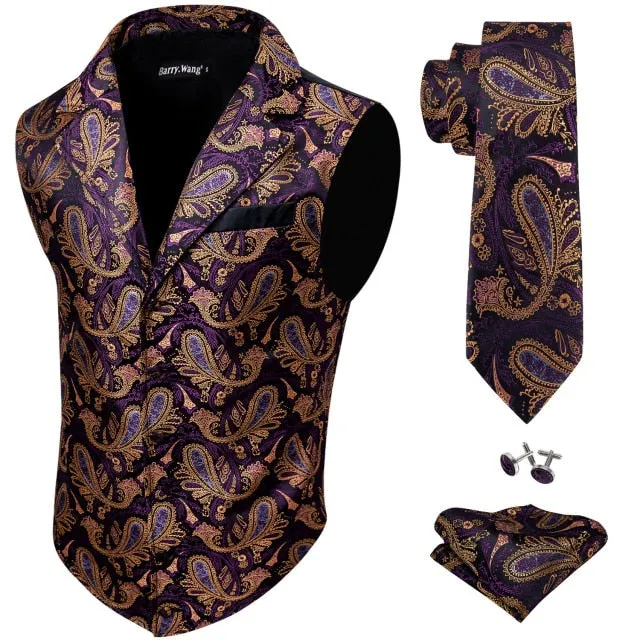Designer Mens Classic Black Paisley Jacquard Silk Waistcoat Vests Handkerchief Tie Vest Suit Pocket Square Set