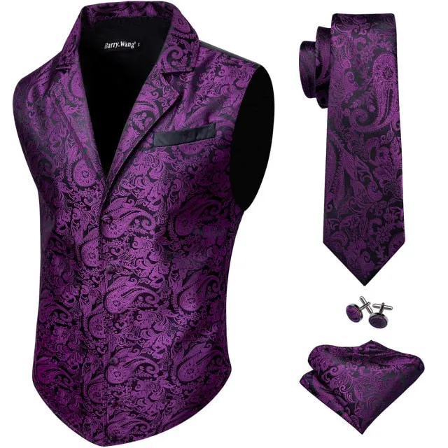 Designer Mens Classic Black Paisley Jacquard Silk Waistcoat Vests Handkerchief Tie Vest Suit Pocket Square Set