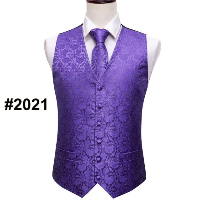Designer Mens Classic Black Paisley Jacquard Silk Waistcoat Vests Handkerchief Tie Vest Suit Pocket Square Set