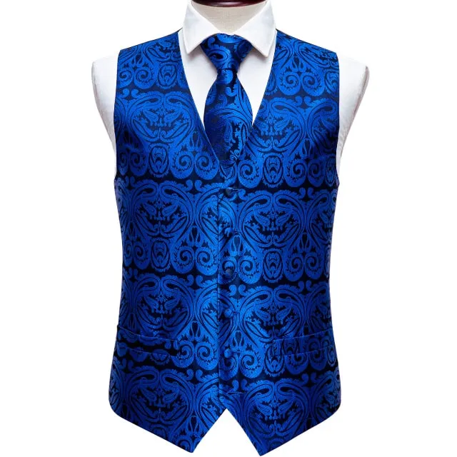 Designer Mens Classic Black Paisley Jacquard Silk Waistcoat Vests Handkerchief Tie Vest Suit Pocket Square Set