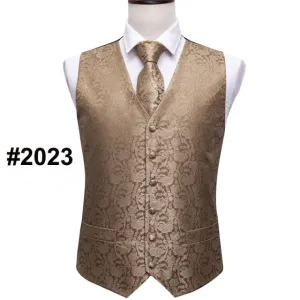 Designer Mens Classic Black Paisley Jacquard Silk Waistcoat Vests Handkerchief Tie Vest Suit Pocket Square Set