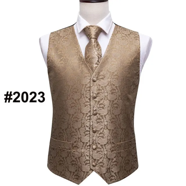 Designer Mens Classic Black Paisley Jacquard Silk Waistcoat Vests Handkerchief Tie Vest Suit Pocket Square Set
