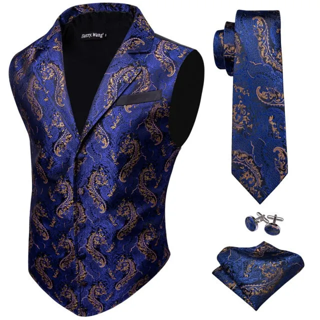 Designer Mens Classic Black Paisley Jacquard Silk Waistcoat Vests Handkerchief Tie Vest Suit Pocket Square Set