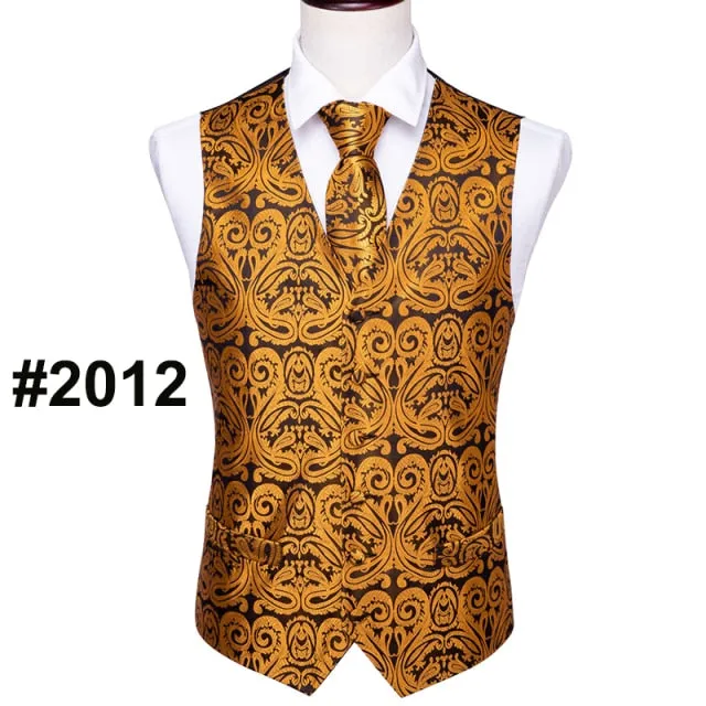 Designer Mens Classic Black Paisley Jacquard Silk Waistcoat Vests Handkerchief Tie Vest Suit Pocket Square Set