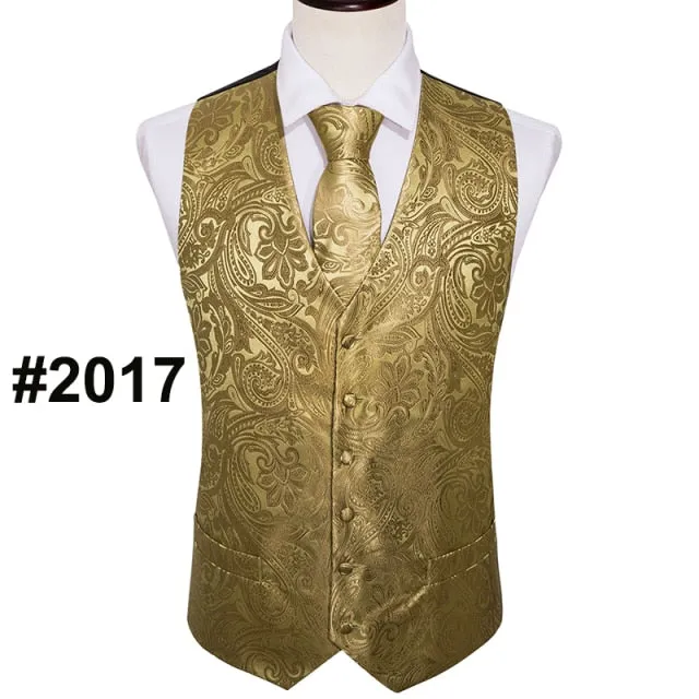 Designer Mens Classic Black Paisley Jacquard Silk Waistcoat Vests Handkerchief Tie Vest Suit Pocket Square Set