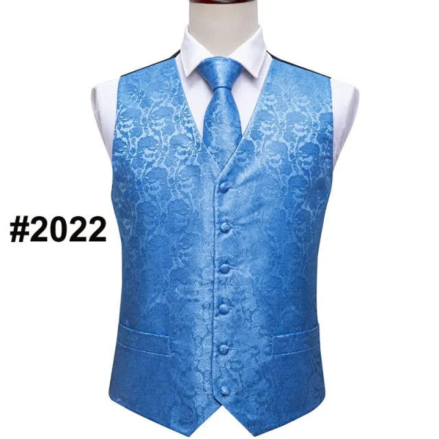 Designer Mens Classic Black Paisley Jacquard Silk Waistcoat Vests Handkerchief Tie Vest Suit Pocket Square Set