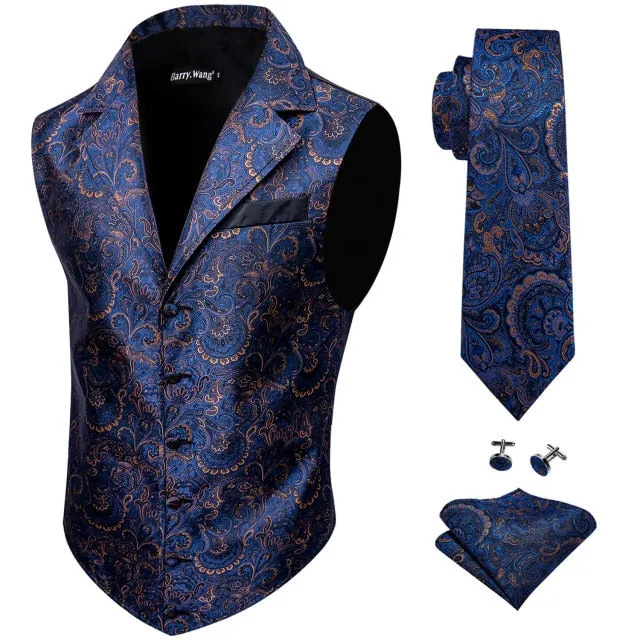 Designer Mens Classic Black Paisley Jacquard Silk Waistcoat Vests Handkerchief Tie Vest Suit Pocket Square Set