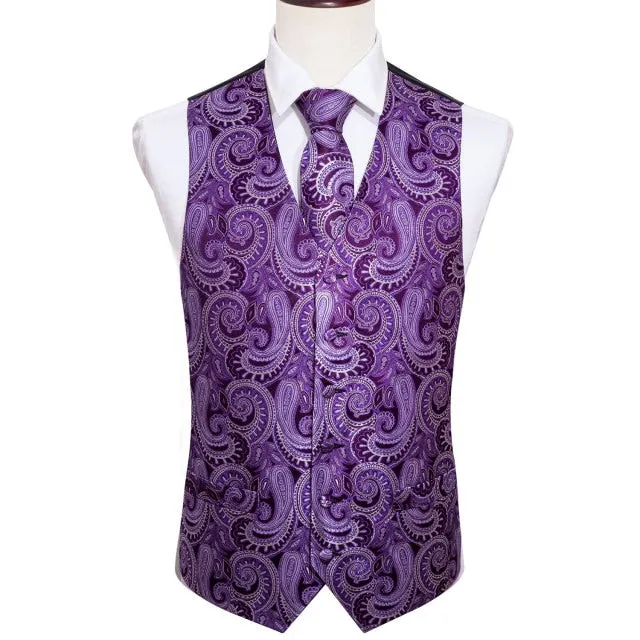 Designer Mens Classic Black Paisley Jacquard Silk Waistcoat Vests Handkerchief Tie Vest Suit Pocket Square Set