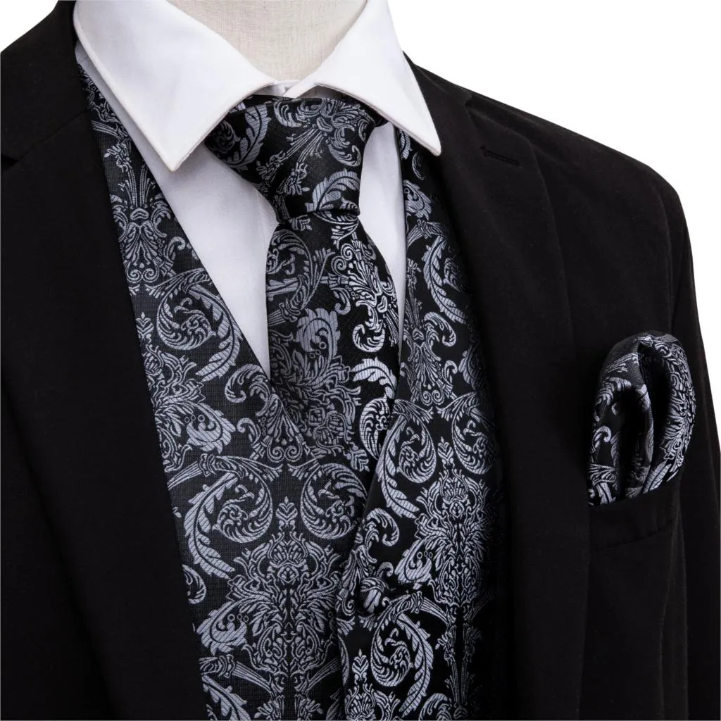 Designer Mens Classic Black Paisley Jacquard Silk Waistcoat Vests Handkerchief Tie Vest Suit Pocket Square Set