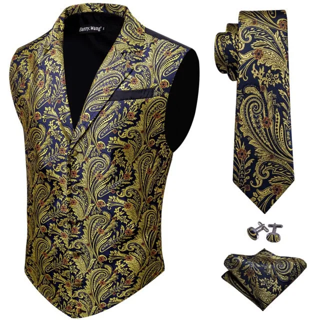 Designer Mens Classic Black Paisley Jacquard Silk Waistcoat Vests Handkerchief Tie Vest Suit Pocket Square Set