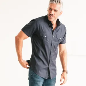 Editor Short Sleeve Utility Shirt – Dark Navy Stretch Cotton Poplin