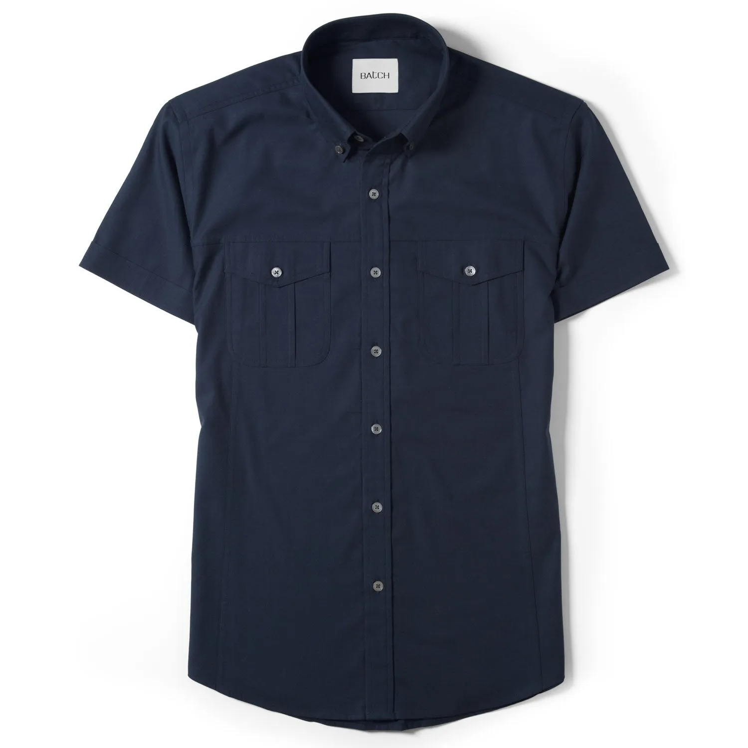 Editor Short Sleeve Utility Shirt – Dark Navy Stretch Cotton Poplin