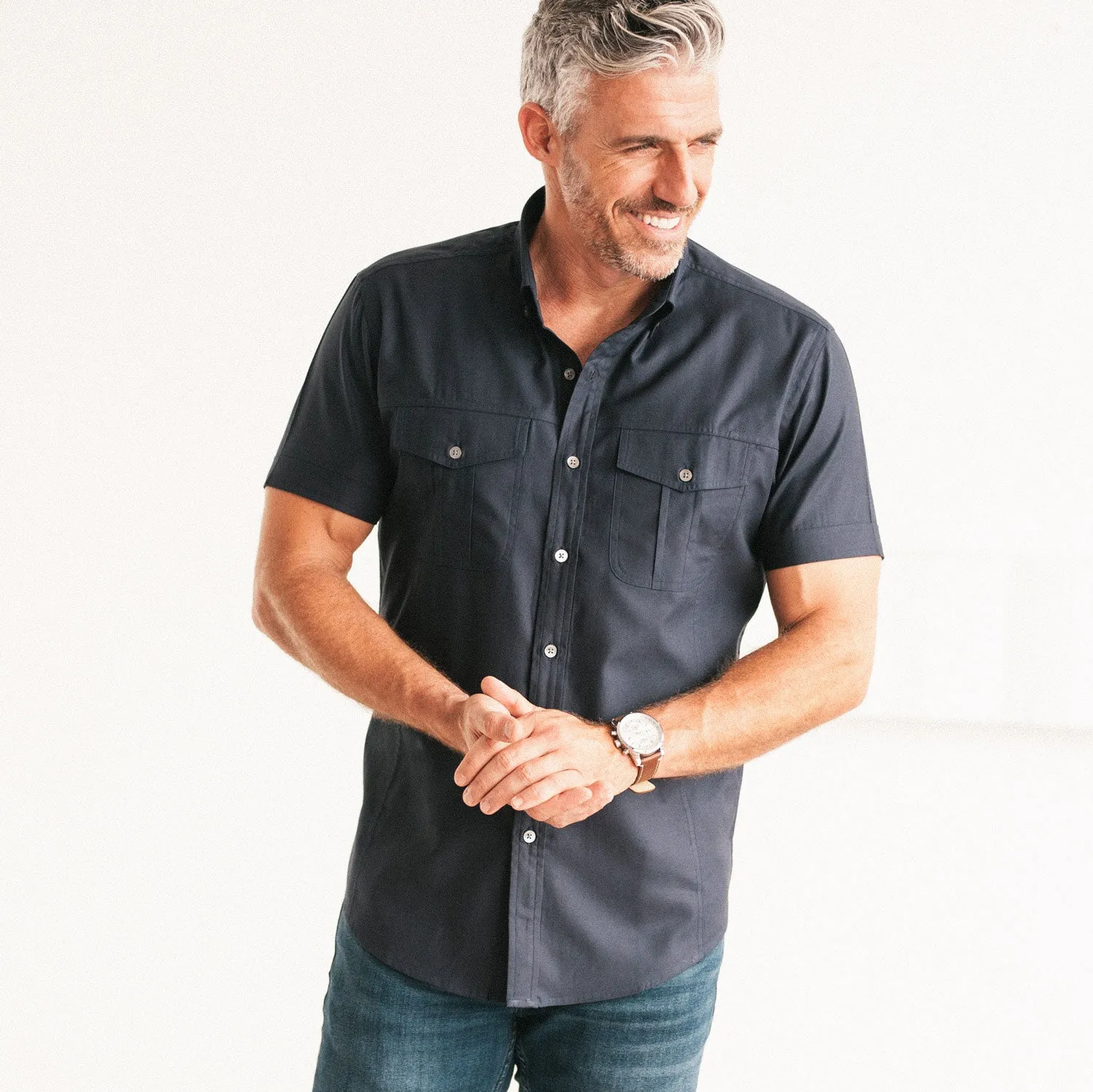 Editor Short Sleeve Utility Shirt – Dark Navy Stretch Cotton Poplin