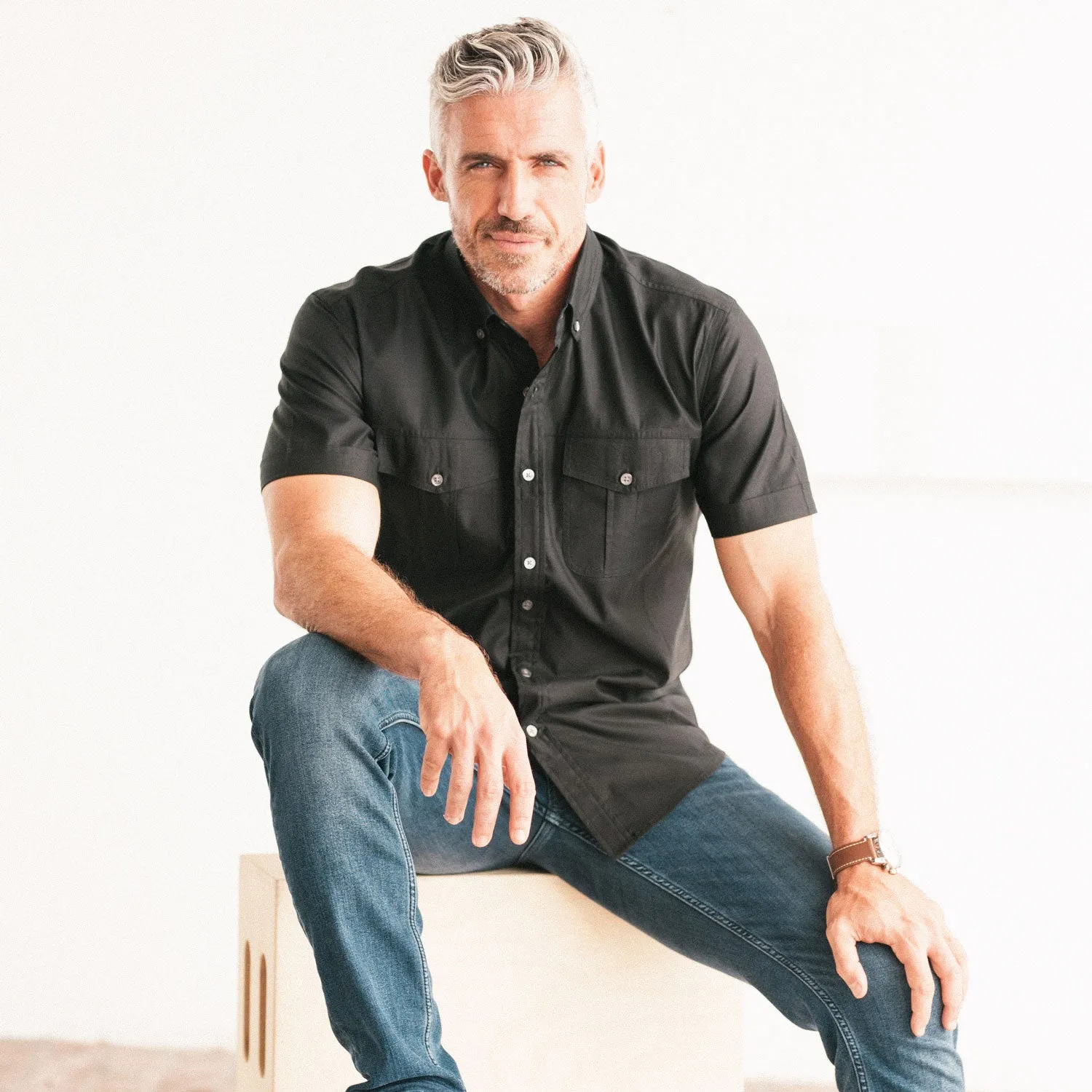 Editor Short Sleeve Utility Shirt – Pure Black Stretch Cotton Poplin