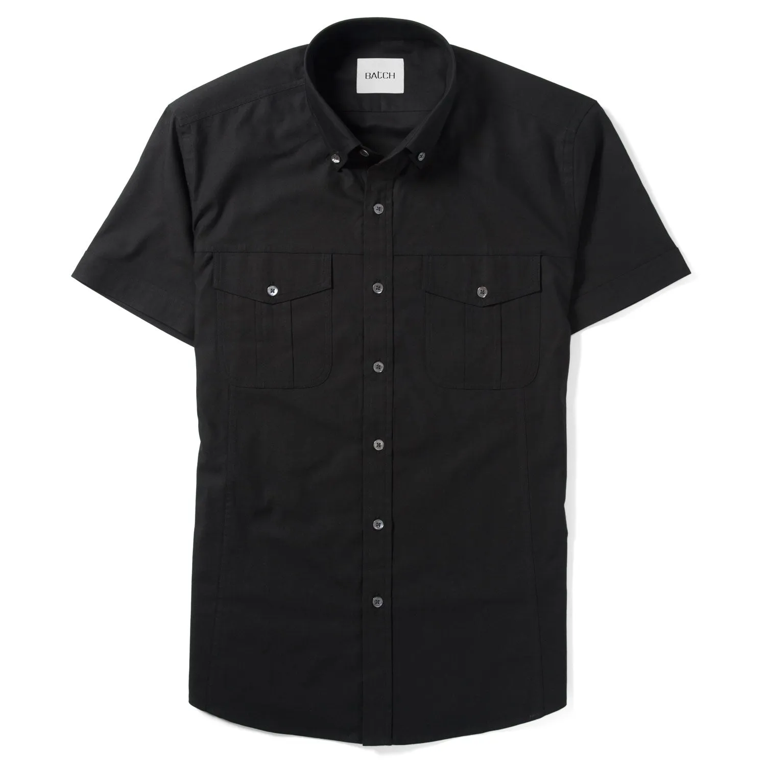 Editor Short Sleeve Utility Shirt – Pure Black Stretch Cotton Poplin