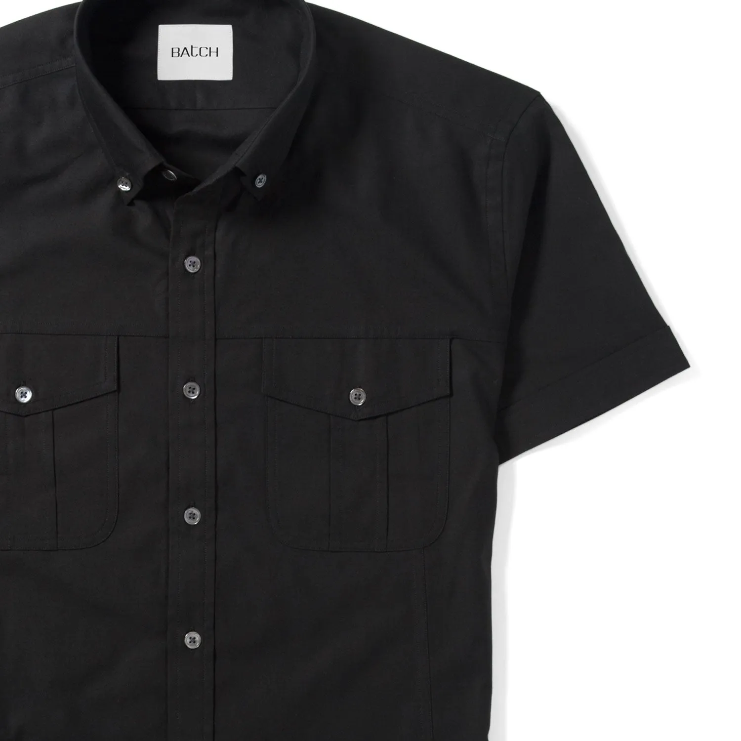 Editor Short Sleeve Utility Shirt – Pure Black Stretch Cotton Poplin