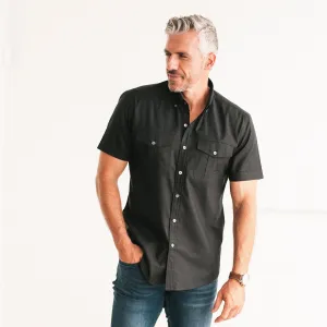 Editor Short Sleeve Utility Shirt – Pure Black Stretch Cotton Poplin