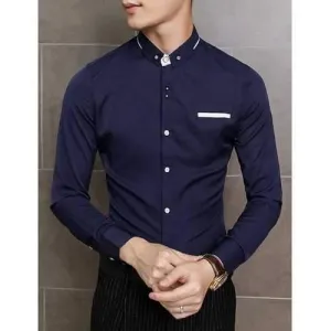 Elegant Breast Pocket Color Block Slimming Long Sleeves Men's Button-Down Shirt - Cadetblue L
