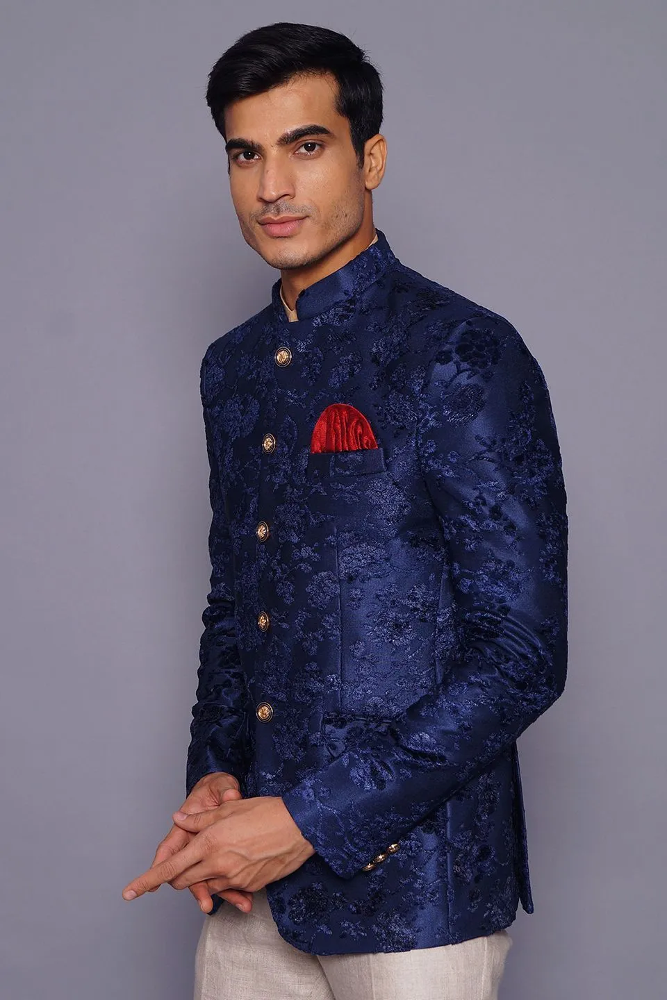 Emroidered Velvet Blue Bandhgala