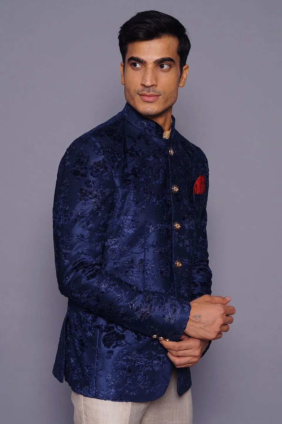 Emroidered Velvet Blue Bandhgala