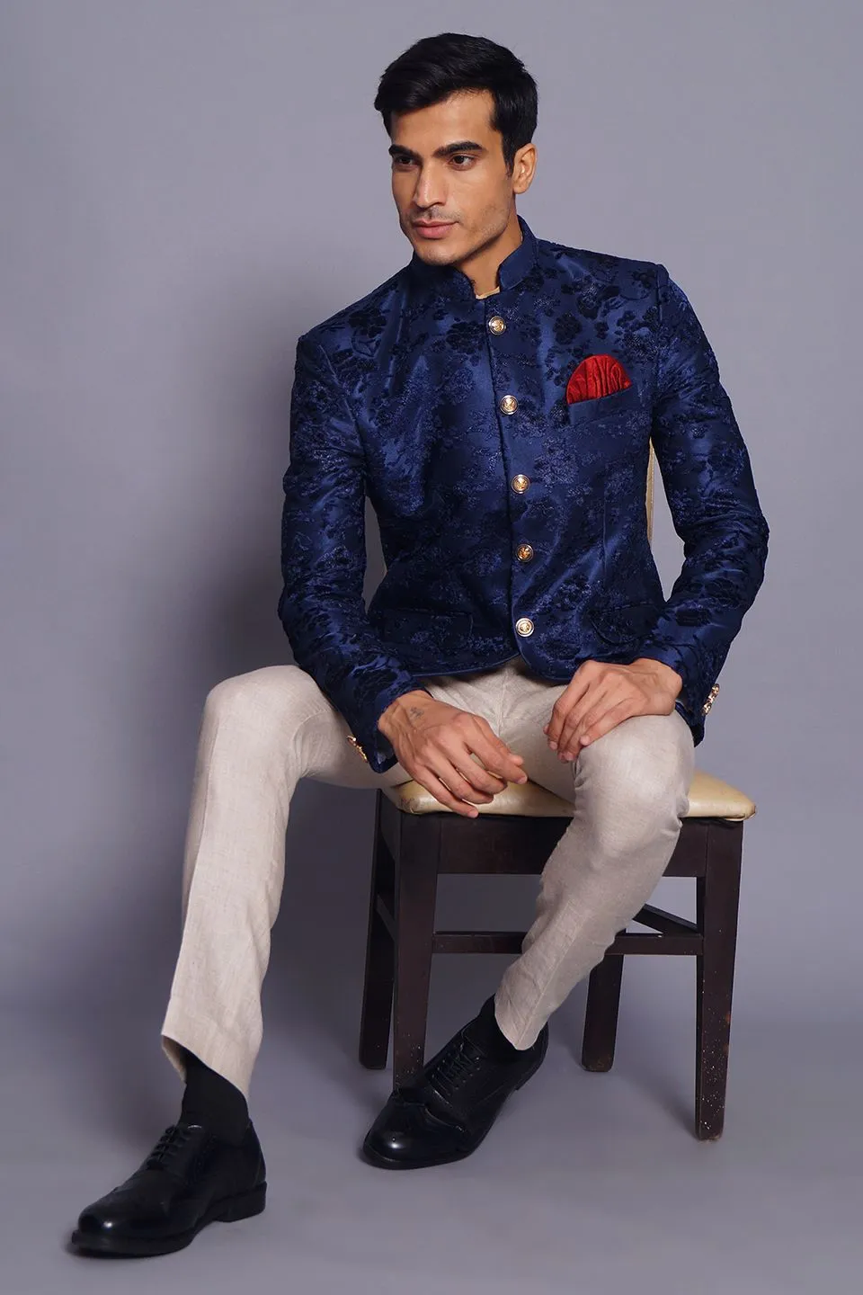 Emroidered Velvet Blue Bandhgala