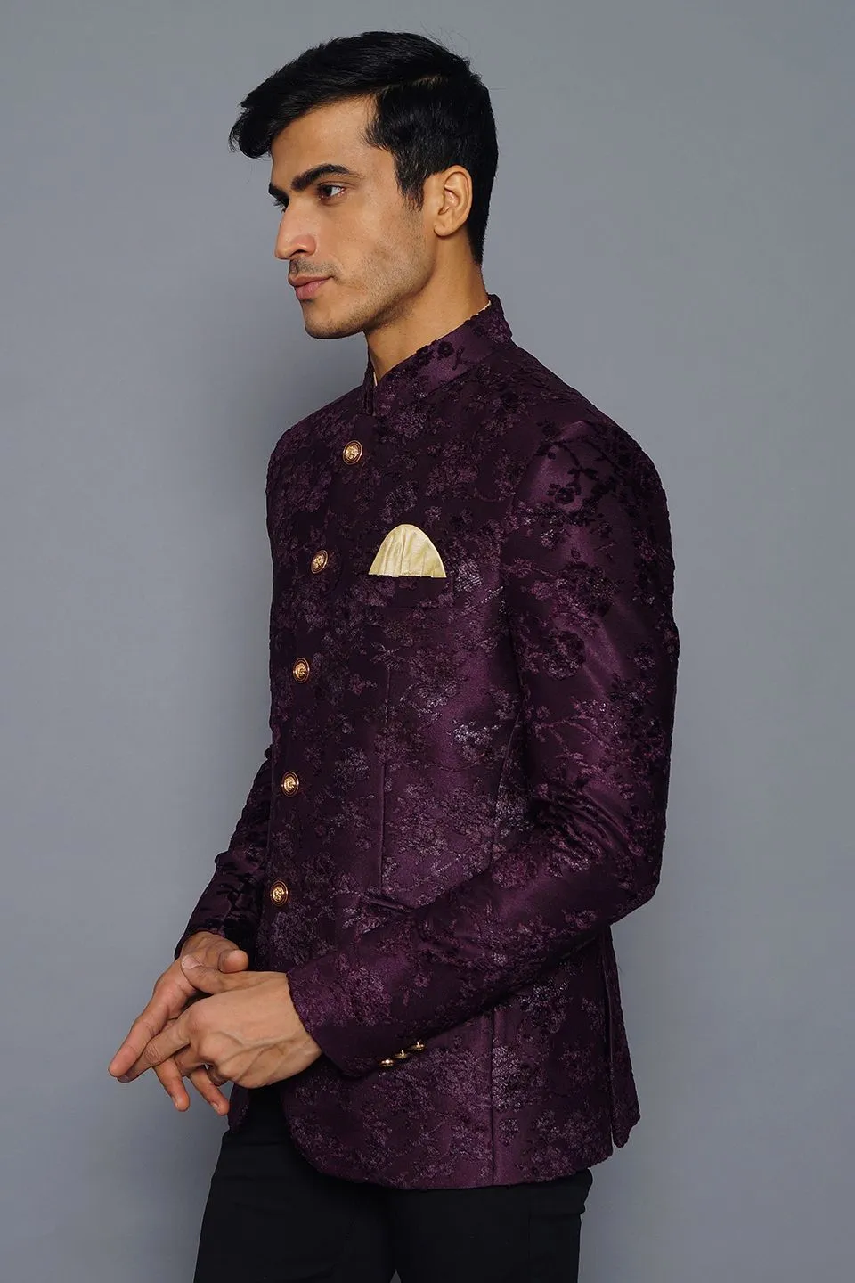 Emroidered Velvet Purple Bandhgala