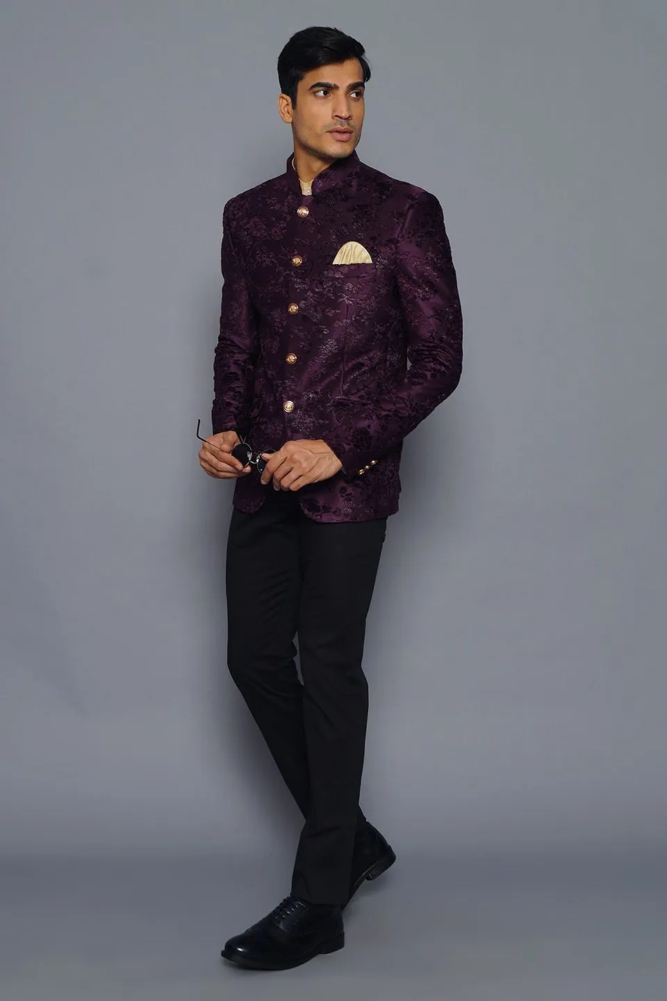 Emroidered Velvet Purple Bandhgala