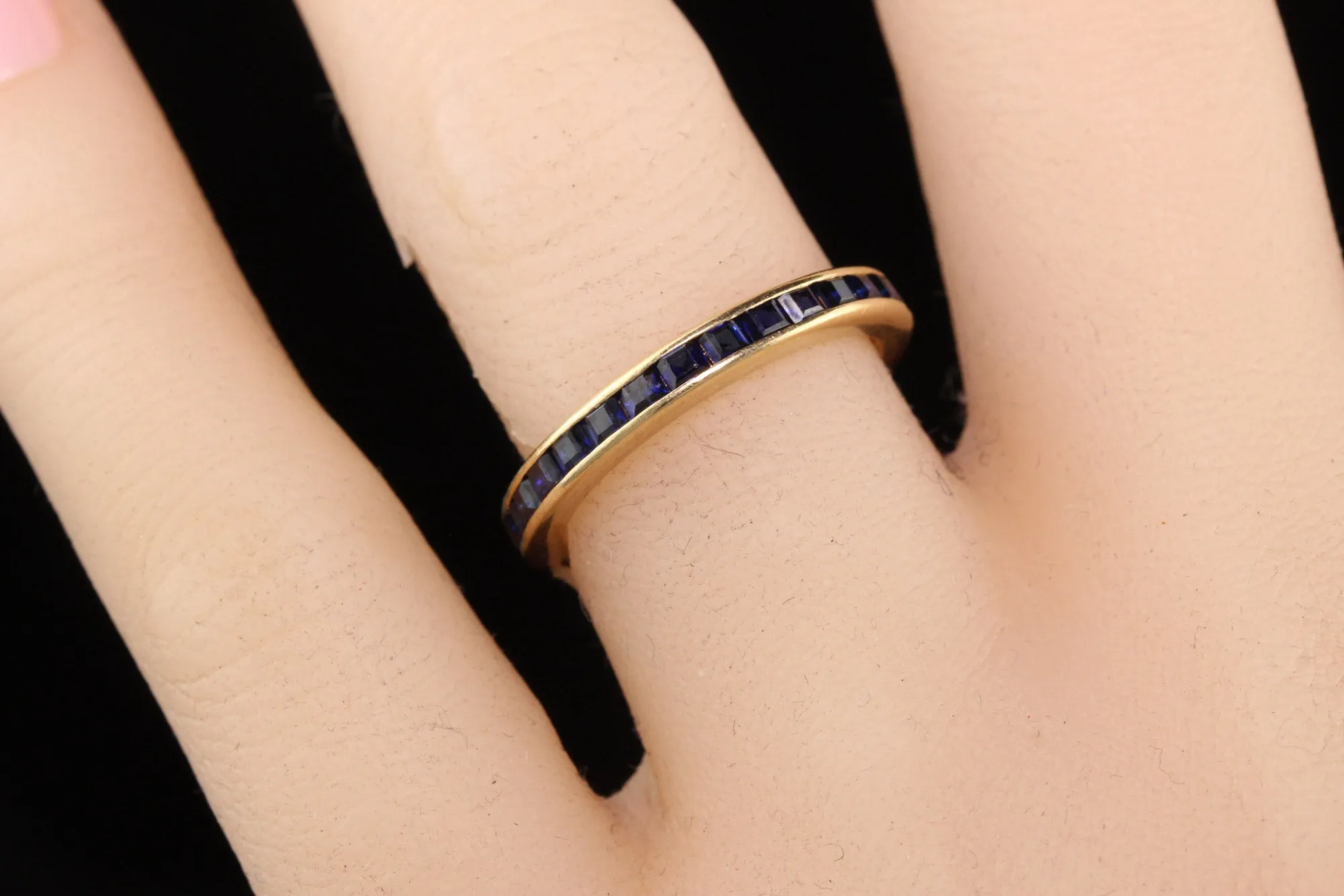 Estate Retro 14K Yellow Gold Square Natural Sapphire Eternity Band