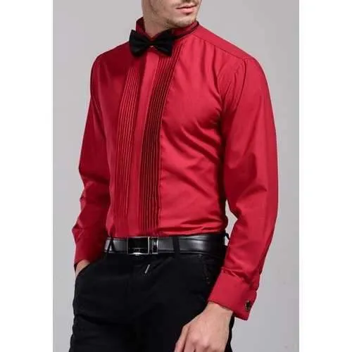 Fashion Shirt Collar Solid Color Pleated Design Slimming Long Sleeve Tuxedo Shirt For Men(with Tie) - Red M