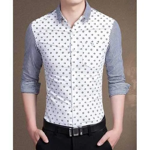 Fashion Shirt Collar Tiny Print Stripe Splicing Slimming Long Sleeve Cotton Blend Button-Down Shirt For Men - White L